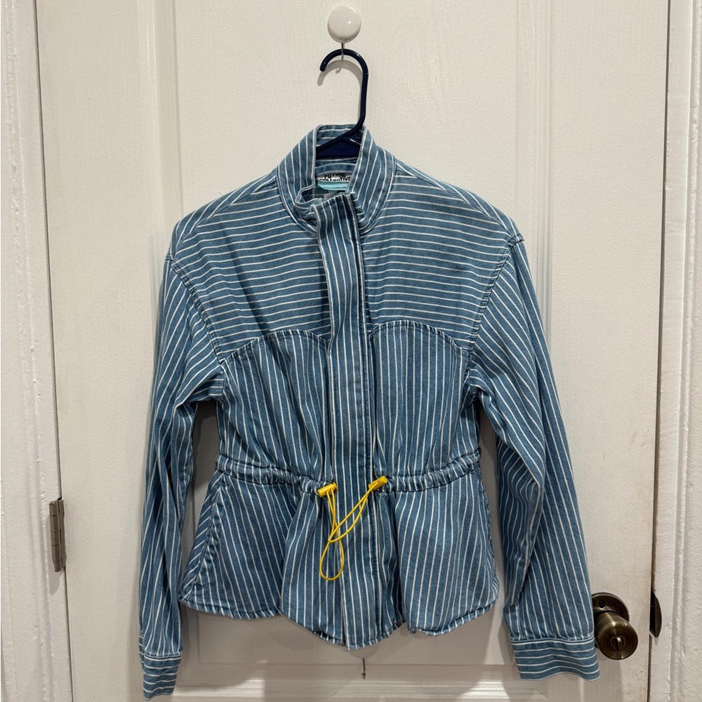 Blue Striped Jacket with Yellow Drawstring